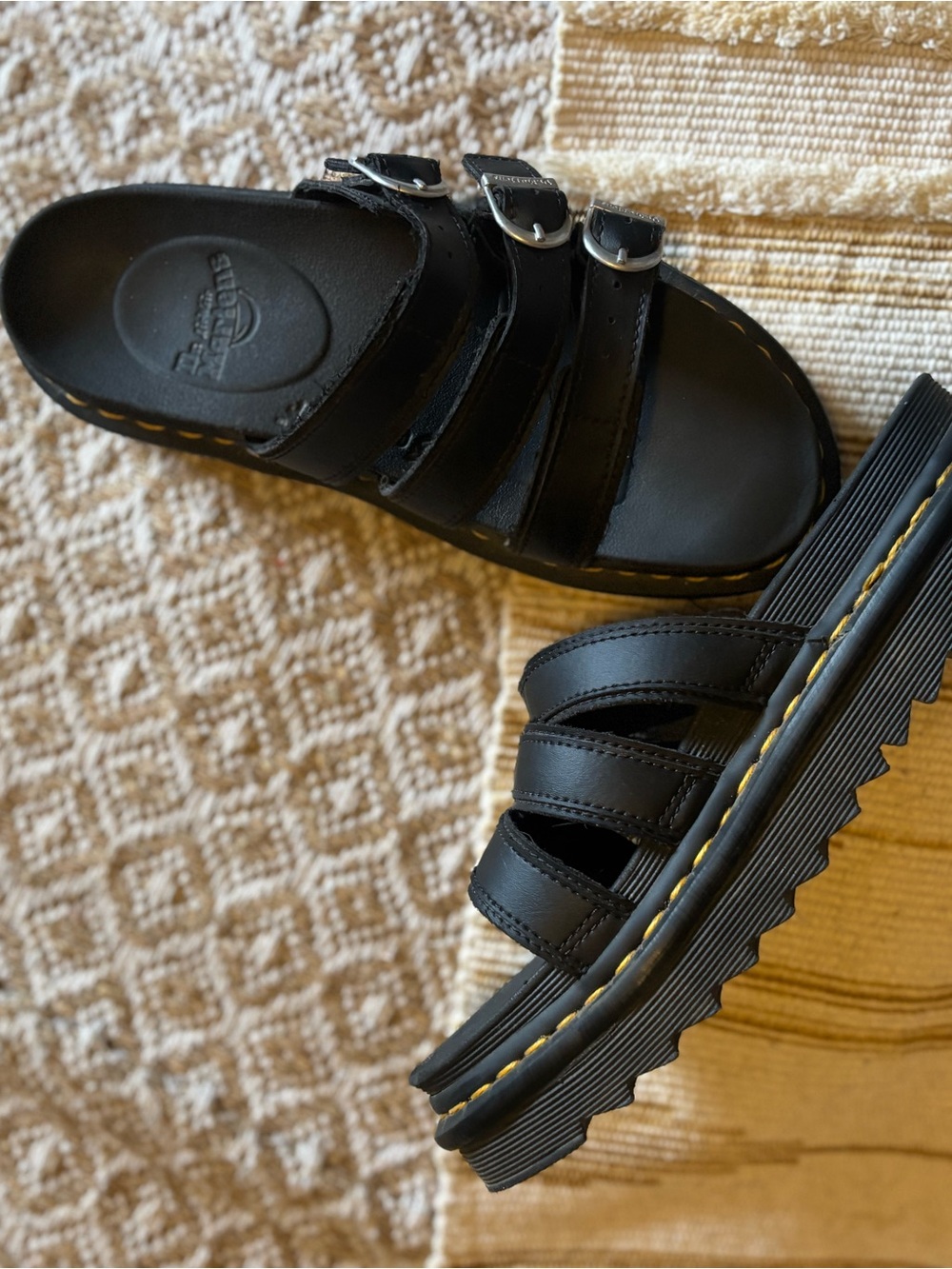 Dr. Martens Black Triple-Strap Platform Sandals with Yellow Stitching